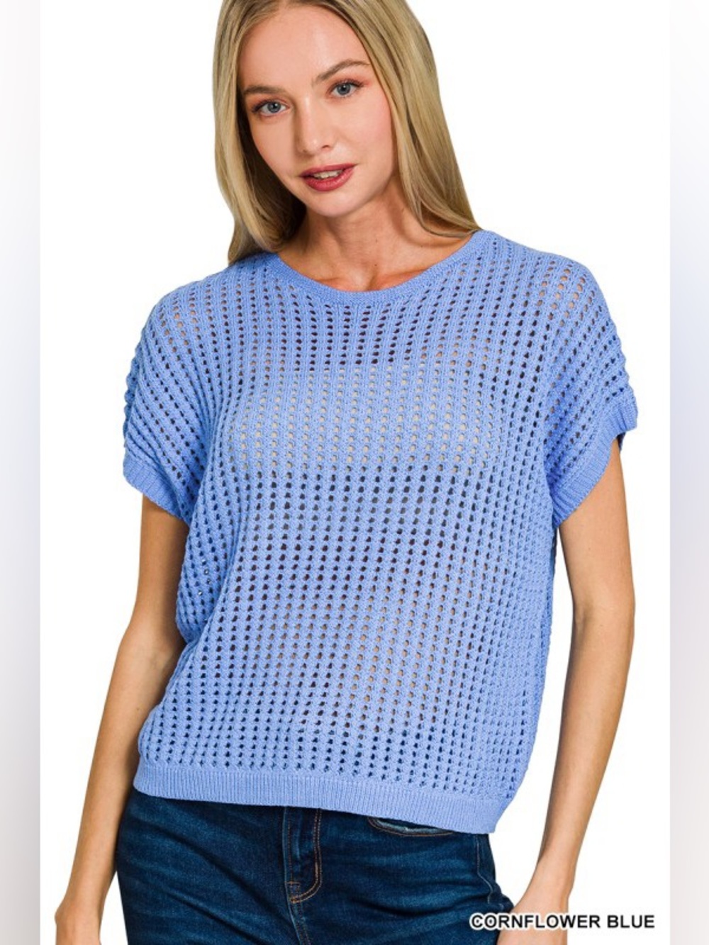Zenana Cornflower Blue VISCOSE CROCHET KNIT SHEER HOLLOW
SWEATER
